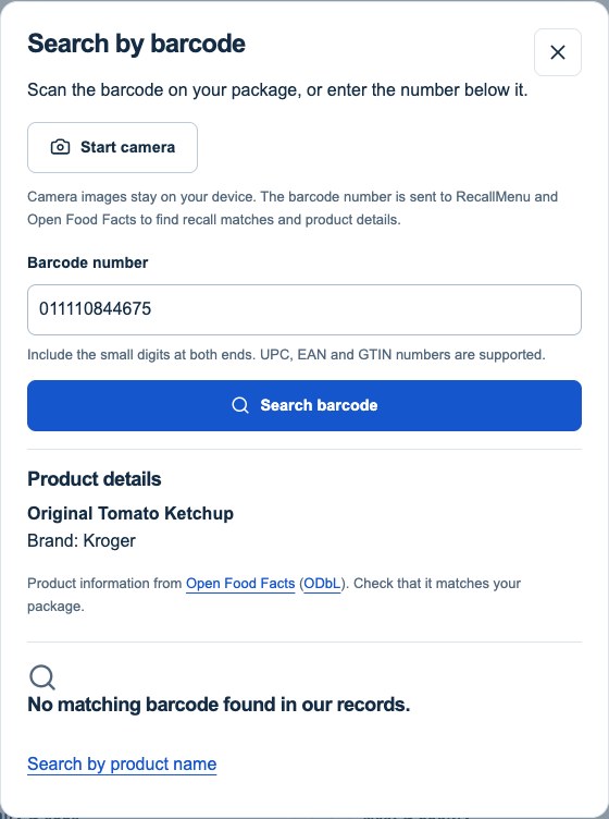 Barcode lookup showing the scanned product’s name and brand separately from recall matches.